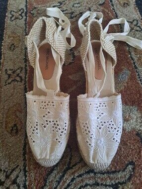 Eric Michael Cream Crochet Lace-Up Espadrille Wedges